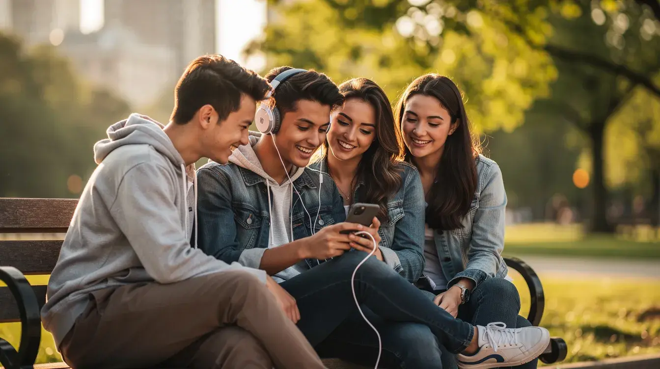 A group of young people, including a boy band, are sharing headphones while looking at a phone together in a lively city park, enjoying their time as they listen to the latest single from their favorite artists. The atmosphere is vibrant, reflecting the joy of life and music in the world around them.