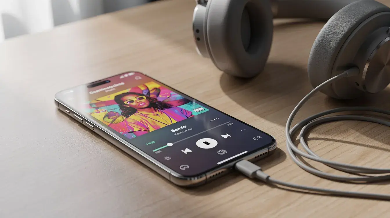 A smartphone sits on a desk displaying a vibrant music app interface, showcasing the latest singles from popular boy bands like Big Time Rush, with colorful album artwork. Nearby, a pair of headphones rests, ready for an immersive listening experience of featured songs and acoustic tracks.
