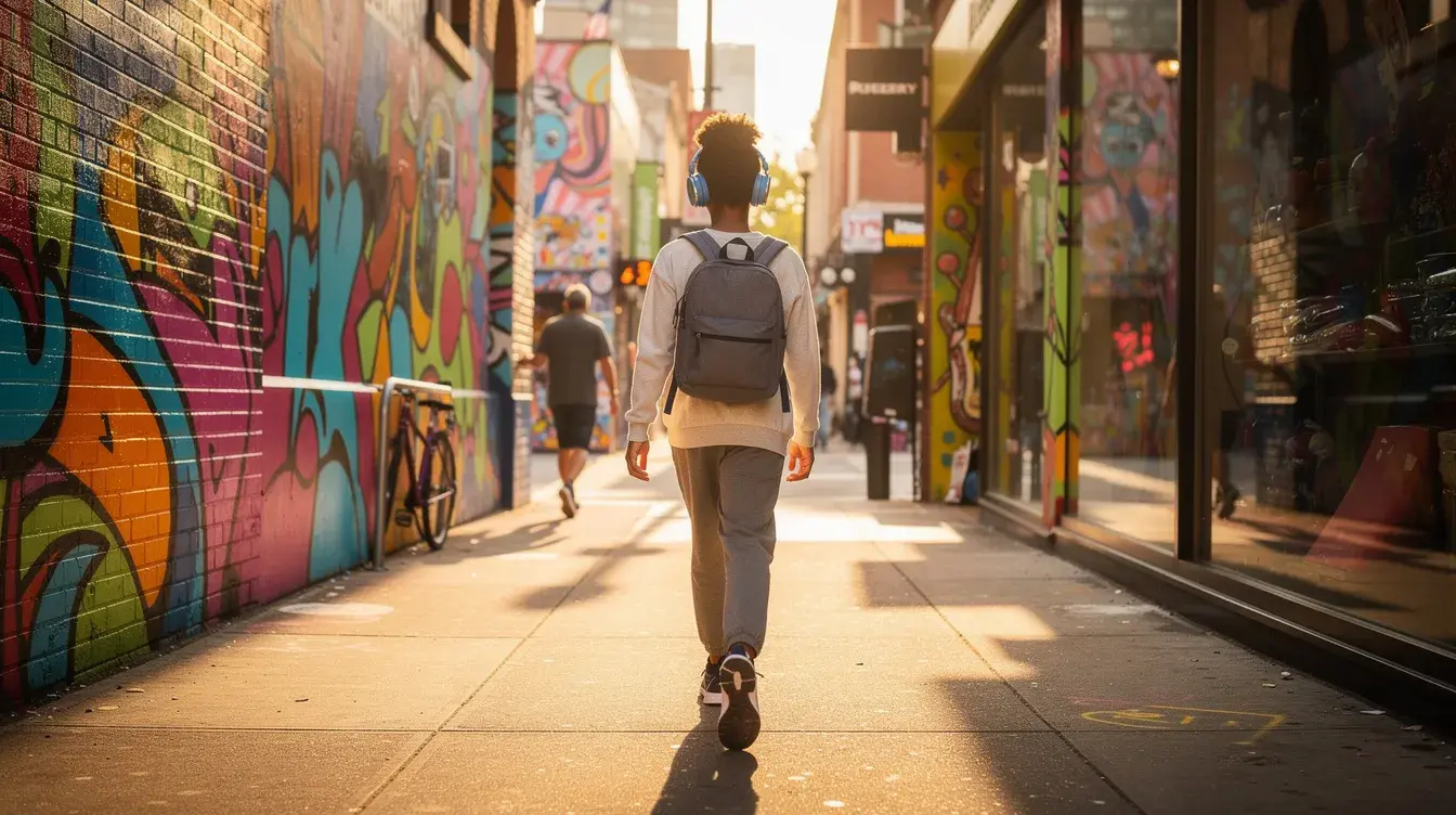 A young man wearing headphones strolls through a lively urban street adorned with colorful murals, embodying the vibrant life of the city. The scene captures the essence of music and culture, reminiscent of a boy band’s latest single release.